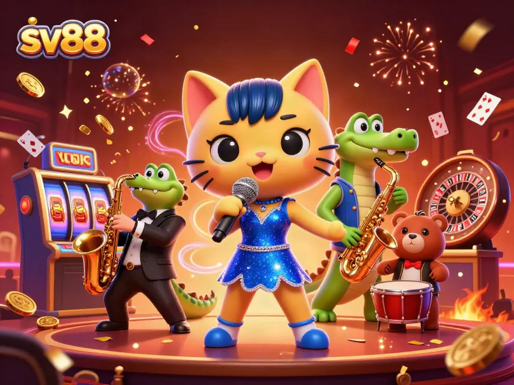 Engage in thrilling gaming at sv88, featuring a lively casino scene with animated characters and vibrant action.