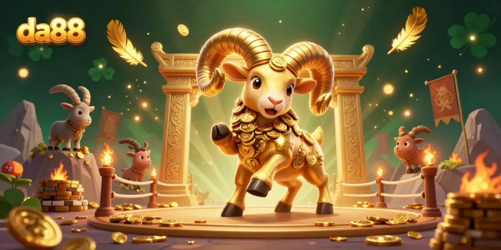 Experience thrilling casino action with da88, showcasing a massive golden ram amid vibrant gambling elements.