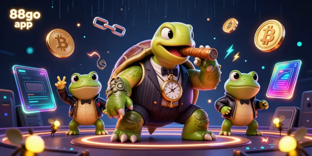 Engage with the 88go app in a dynamic casino scene showcasing a snapping turtle mobster character.