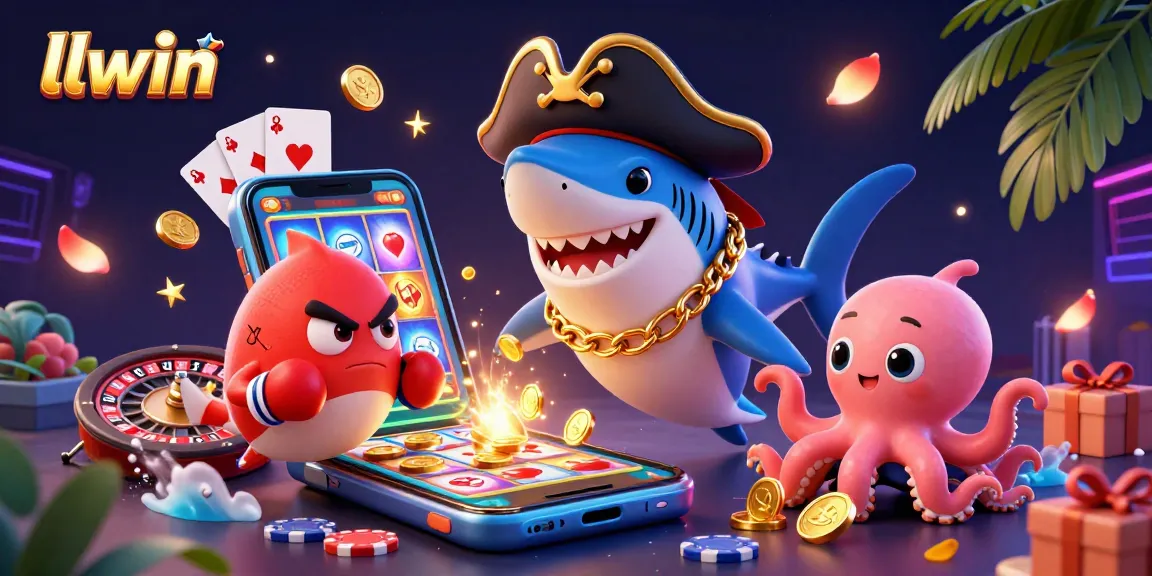 Immerse in llwin's vibrant casino world with a 3D pirate shark, pufferfish, and octopus enjoying games and gold coins.