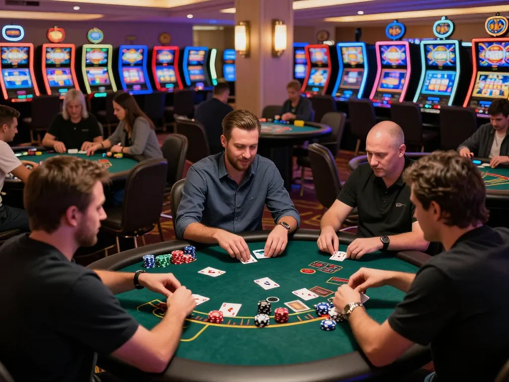 The thrilling excitement at vu88 casino's blackjack tables with engaged players strategizing their bets.