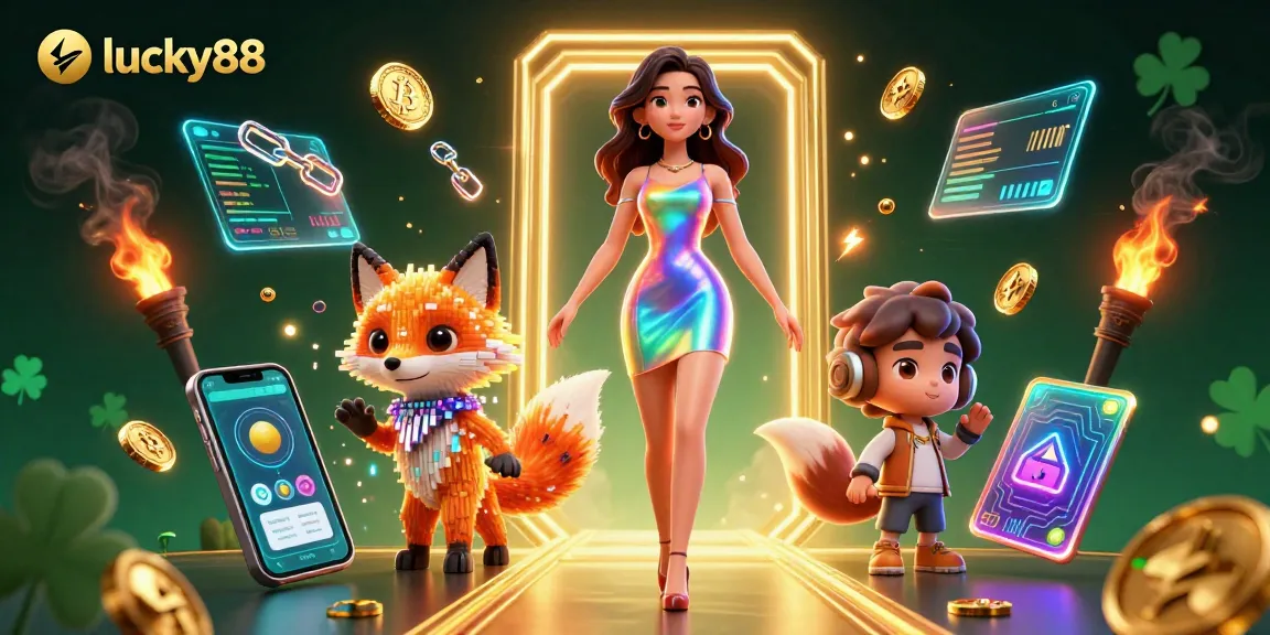 Play lucky88 with exciting visuals of a colorful woman, digital fox, and cryptocurrency symbols.