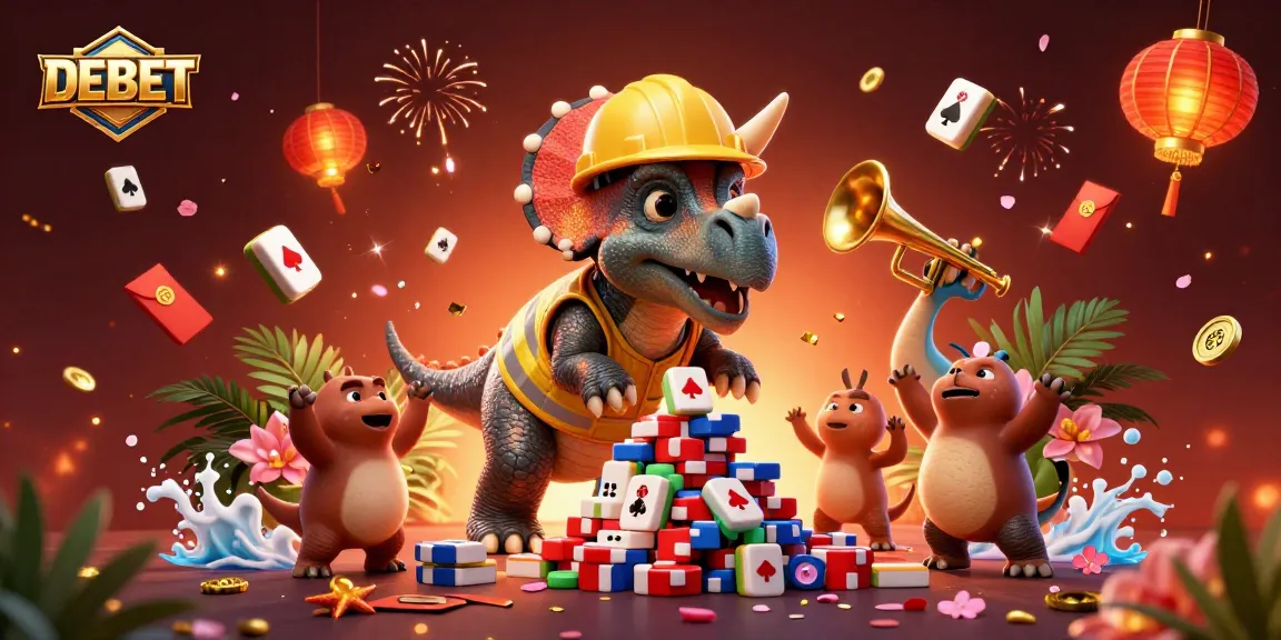 Experience the excitement of DEBET with a vibrant 3D illustration showing a triceratops and friends in a casino celebration.