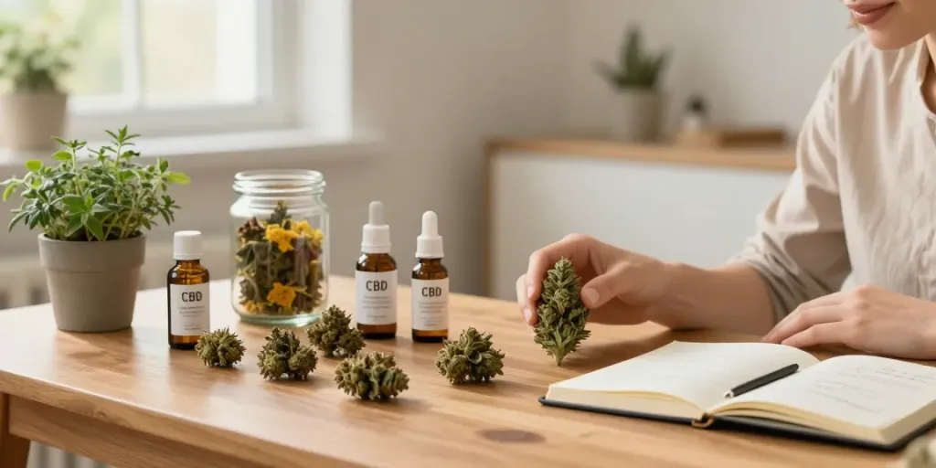 Exploring various cbd květy strains on a wooden table in a serene indoor setting with natural light.