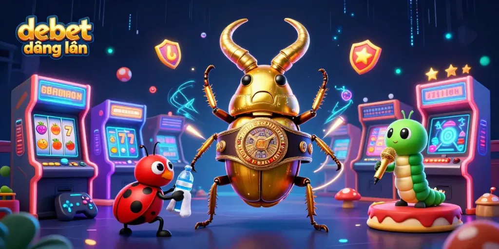Experience the thrill of debet đăng nhập with vibrant illustrations of a golden stag beetle boxer and its entourage!
