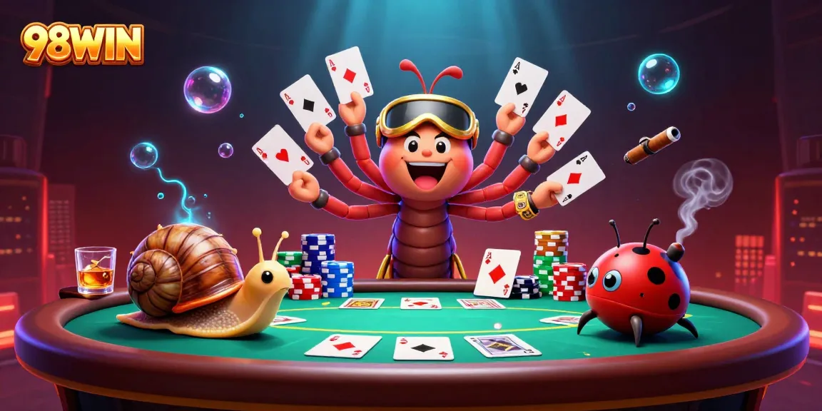 Experience the thrilling world of 98WIN with a vibrant casino scene featuring a millipede dealer.