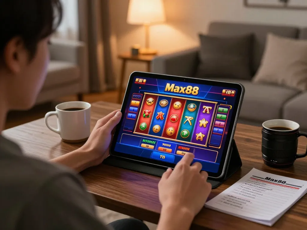 Player enjoying Max88 online slots while using a tablet in a cozy home setting