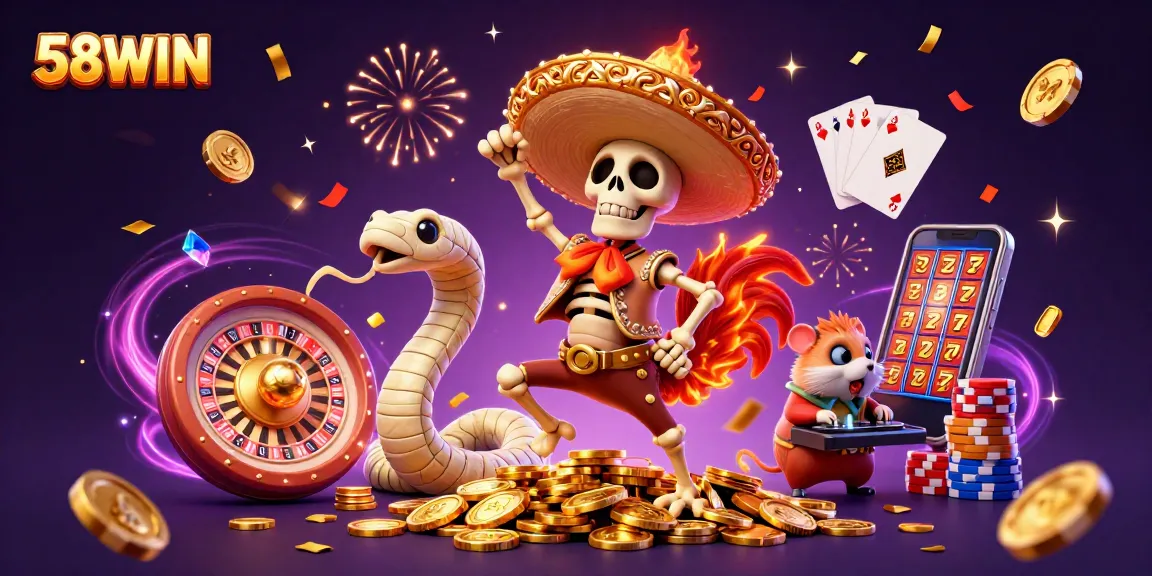 Experience thrilling games and rewards at 58WIN with festive characters and dynamic casino elements.