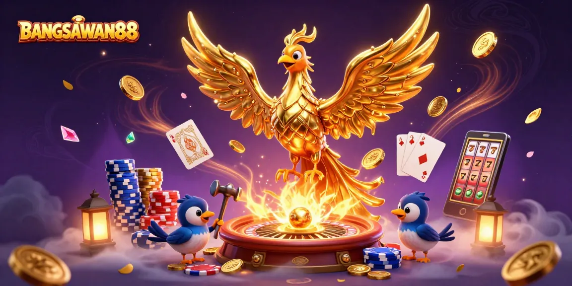 BANGSAWAN88 showcases a molten golden phoenix amidst dynamic casino elements, celebrating the thrill of gambling.