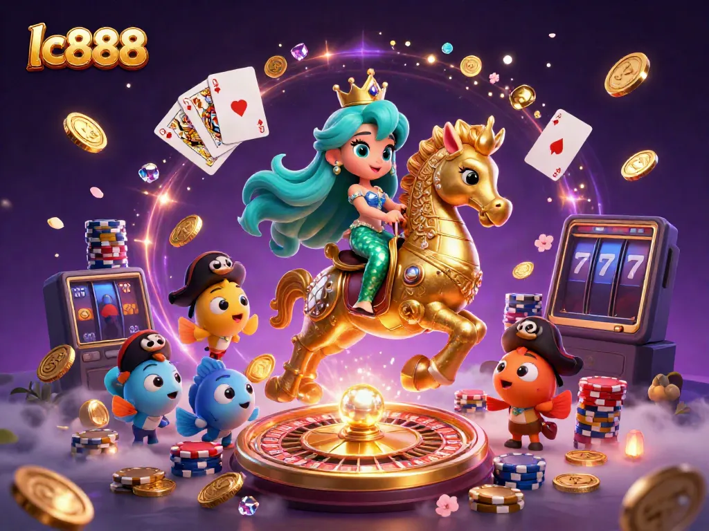 Experience lc888's thrilling casino magic with a captivating mermaid riding her seahorse amidst golden coins and vibrant effects.