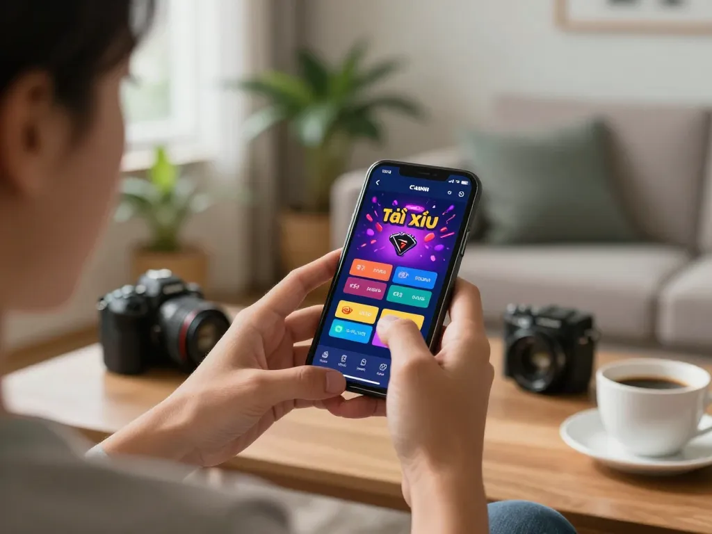 Engaging moment using app tài xỉu on smartphone for mobile gaming in a cozy home.