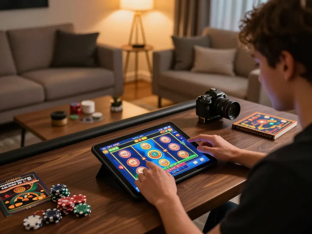 Player engaging in immersive 98 WIN online slots with vibrant graphics in stylish home.