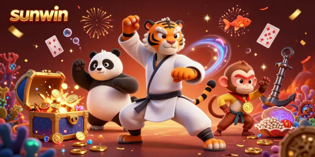 Engaging scene of sunwin gaming adventure with kung fu tiger, panda, and monkey amidst gold coins and colorful gems.