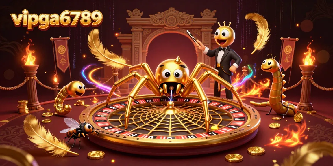 Engage with vipga6789 as a fly nervously bets, surrounded by golden webs and vibrant casino elements.