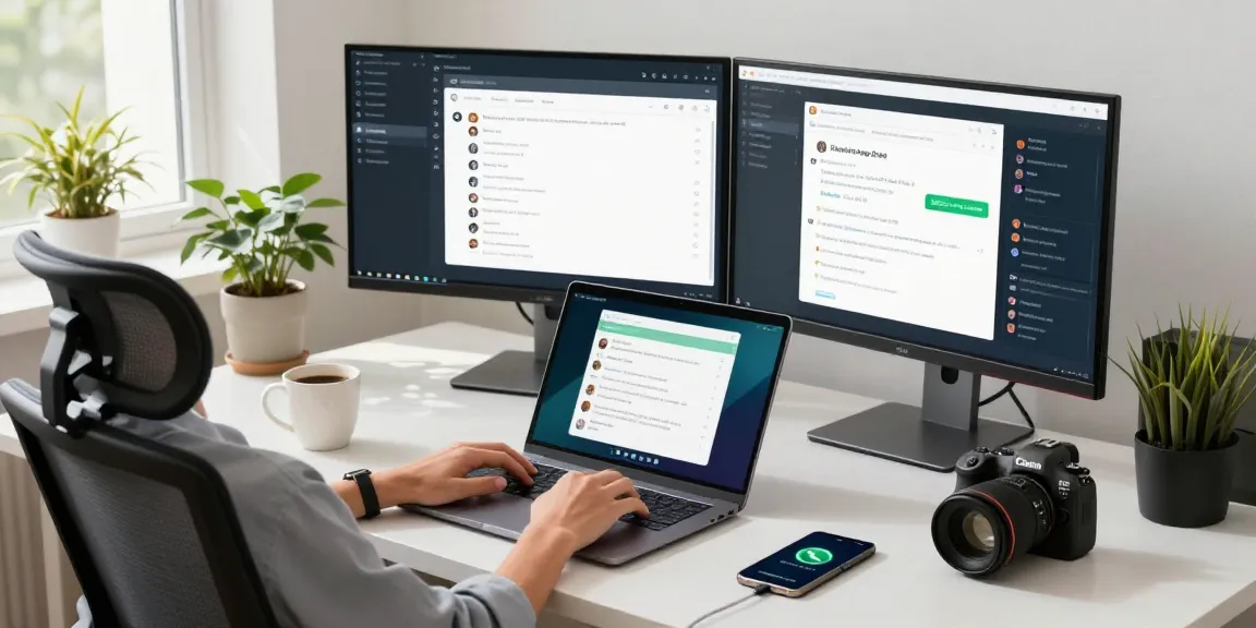 Engaged user on WhatsApp網頁版 in a modern office environment with dual monitors.