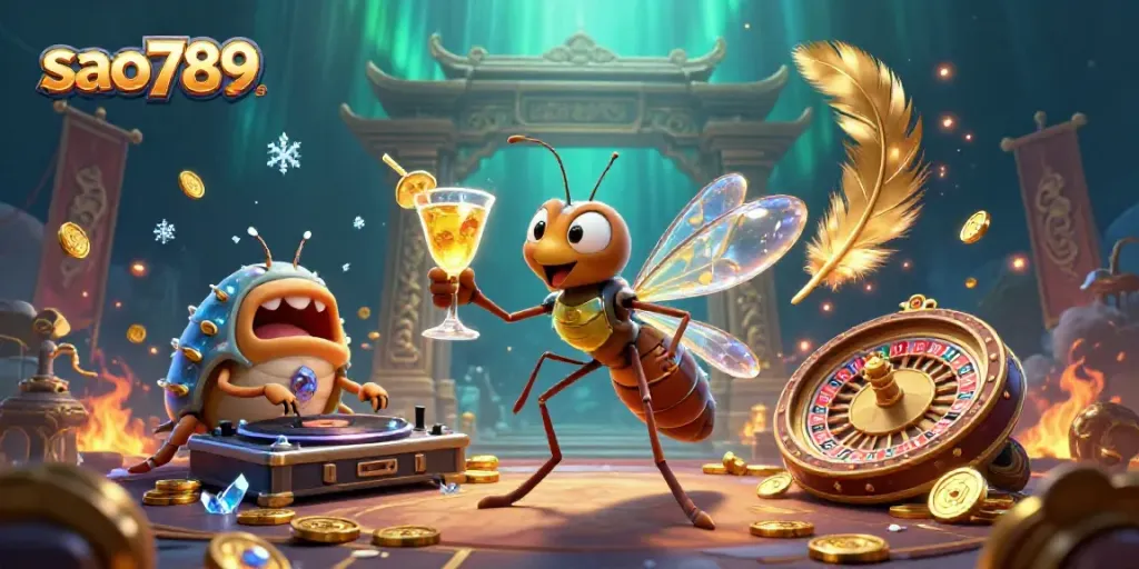 Win at sao789 with a lively casino scene featuring a unique 3D mascot and dynamic game elements.