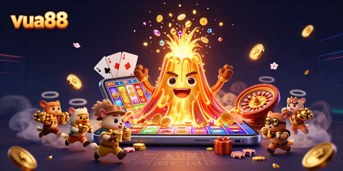 Experience the vibrant world of vua88, where a golden volcano erupts with casino treasures amidst thrilling gaming elements.