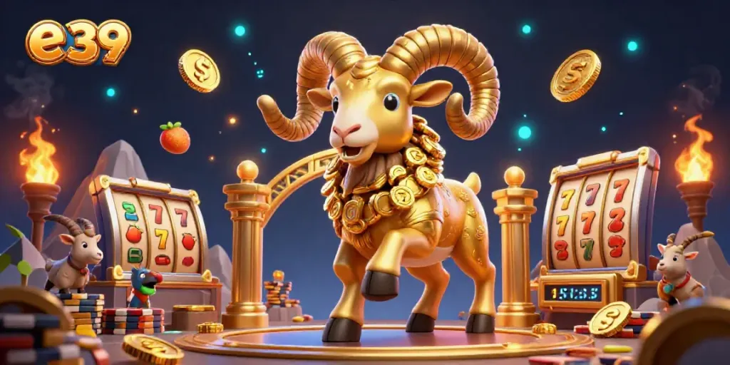 Experience thrilling e 39 gameplay with a vibrant scene featuring a golden ram and dynamic casino elements.