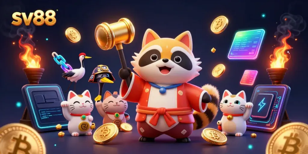 Experience thrilling gameplay at sv88 with a cheerful tanuki and colorful fortune cats in an energetic casino scene.