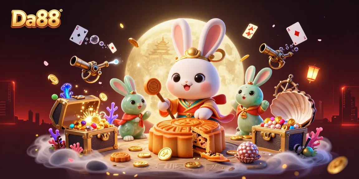 Experience Da88's exciting gambling atmosphere with the moon rabbit and vibrant casino elements.