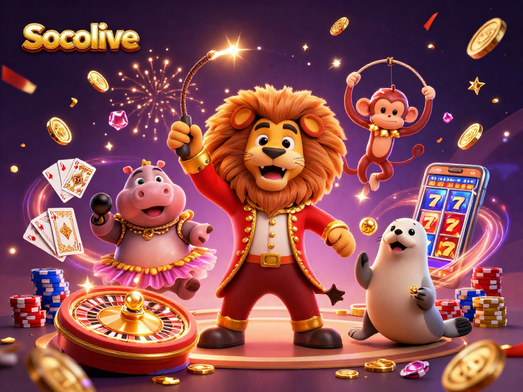 Socolive offers an engaging 3D circus-themed casino scene with iconic gaming elements and vibrant characters.