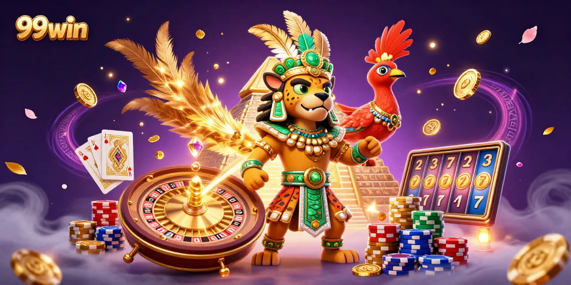 Play 99win at the casino with a vibrant scene featuring a Mayan jaguar priest, roulette, and jackpot elements.