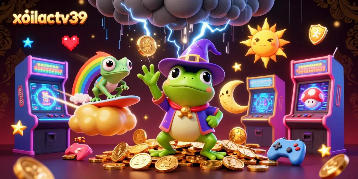 Engage with stunning gameplay at xoilactv39, as a wizard frog conjures golden coins in this vibrant casino scene.