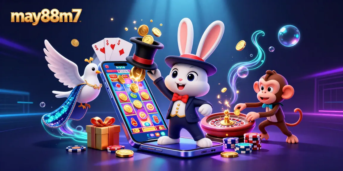 Engage with MAY88m7's magical gaming experience featuring a lively cartoon scene of a magician rabbit and friends