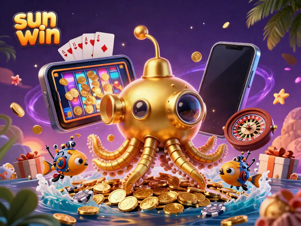 Engage with the sun win 3D animated scene featuring a golden kraken submarine in a casino-themed environment.