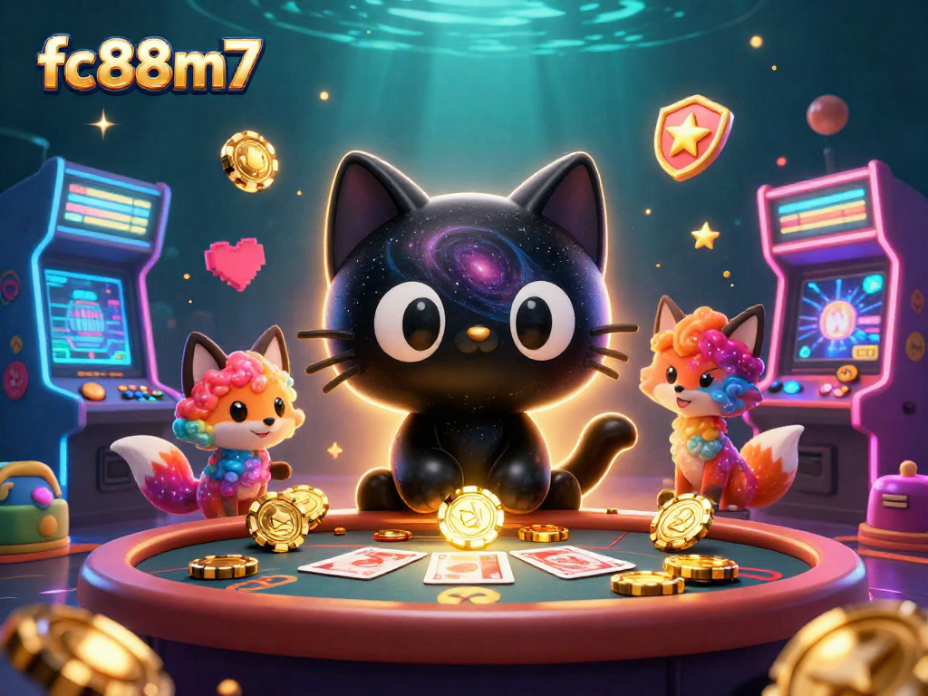 Feel the excitement of fc88m7 as a cosmic cat and fox pull in golden casino chips at a vibrant gaming table.