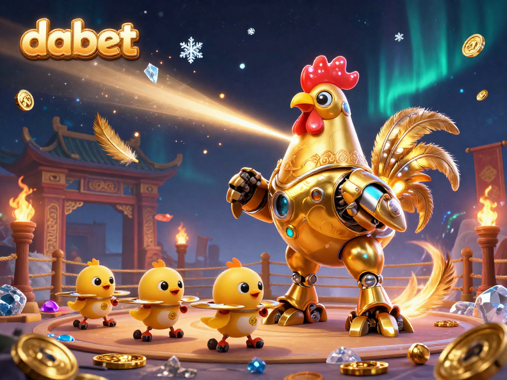 dabet engaging players with a 3D golden rooster robot and baby chick drones in a thrilling casino scene
