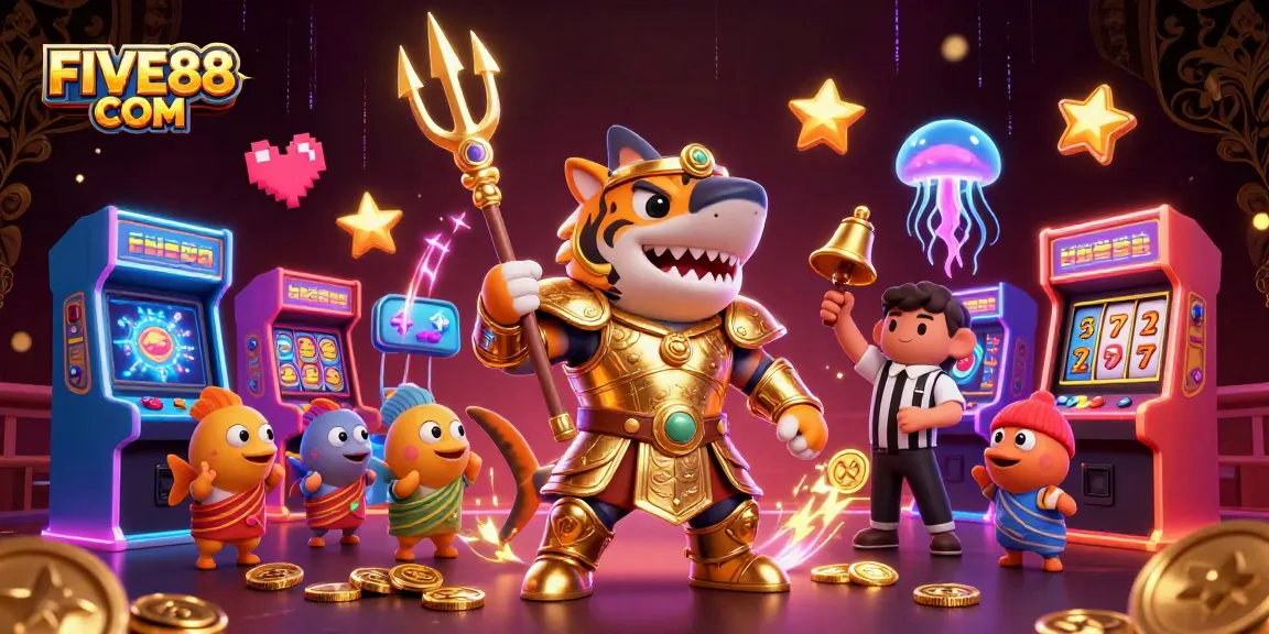 Experience the thrilling underwater action of FIVE88 COM with a fierce shark and vibrant casino elements.