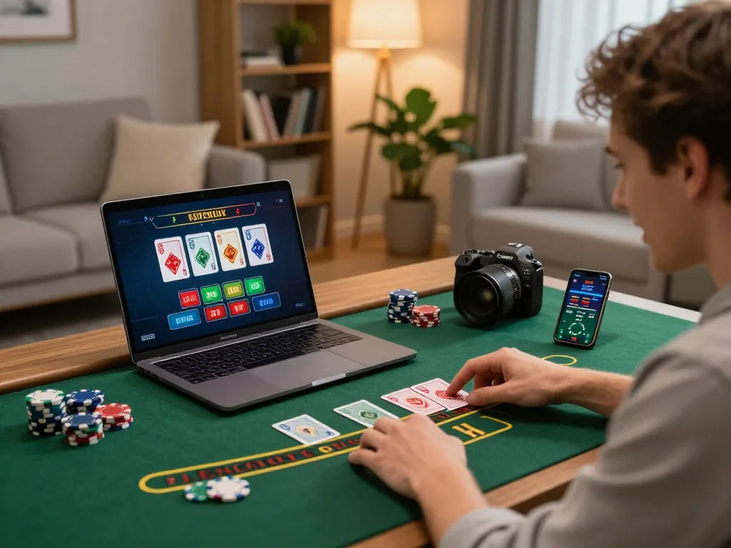 Engaging blackjack gameplay with keonhacaii on a laptop screen and scattered chips.