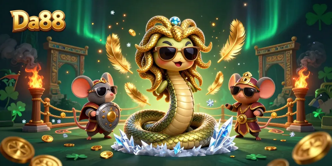 Experience excitement at Da88 with a vibrant Medusa and warrior mouse in a dynamic casino scene filled with energy and gold.