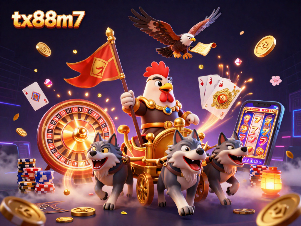 Experience the exhilarating tx88m7 casino adventure with a rooster warlord, golden chariot, and treasures!