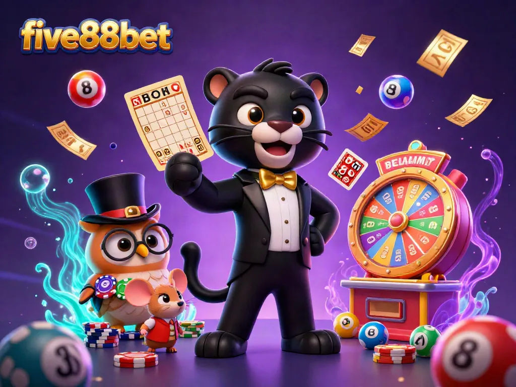 Engaging scene of stylish characters in a colorful casino setting showcasing five88bet, with vibrant game elements around.