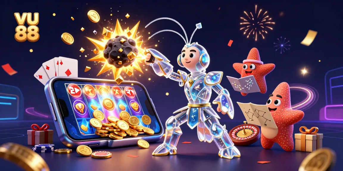 Engage with vibrant vu 88 gaming elements featuring a mantis shrimp and asteroids exploding with coins.