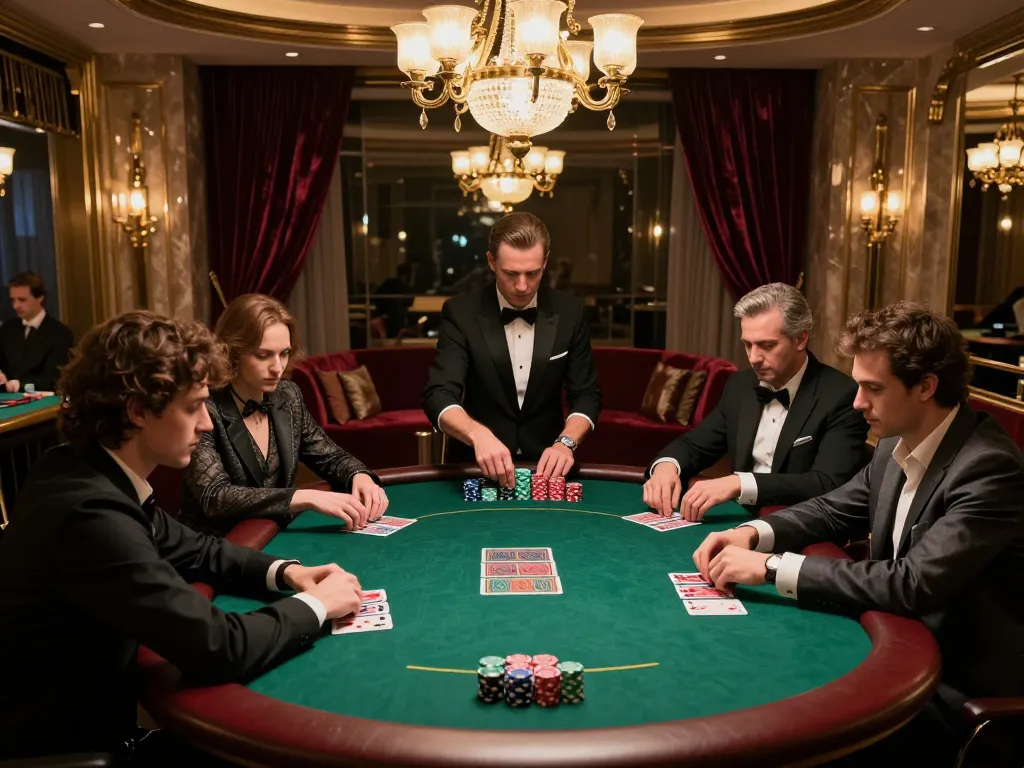 High-stakes poker action at https://tip88.buzz/ in a luxurious casino setting with focused players.
