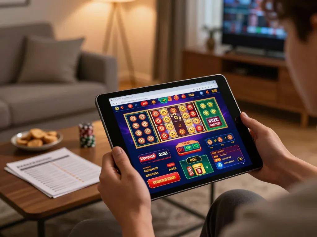 Engaging online casino game on tablet at home, user exploring https://fabet.you/ betting options, promoting responsible play.