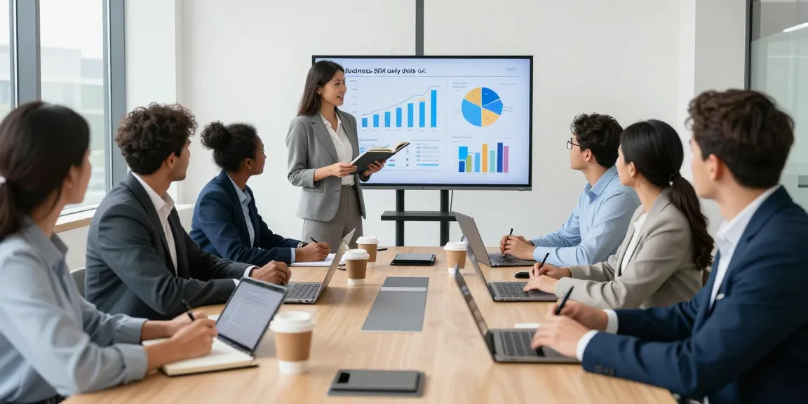 Team discussing business SIM only deals UK in a modern office setting during a meeting