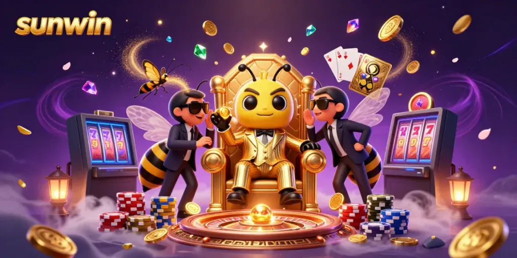Experience thrilling games at sunwin with an elite 3D illustration featuring a bumblebee boss overseeing dazzling casino elements.
