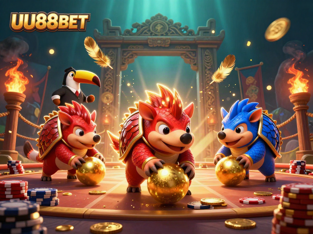 Competing pangolins roll into golden balls at UU88BET casino game, surrounded by poker chips.