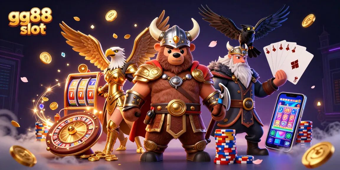 Win big with gg88 slot as the Viking berserker and Valkyrie eagle celebrate amidst casino excitement.