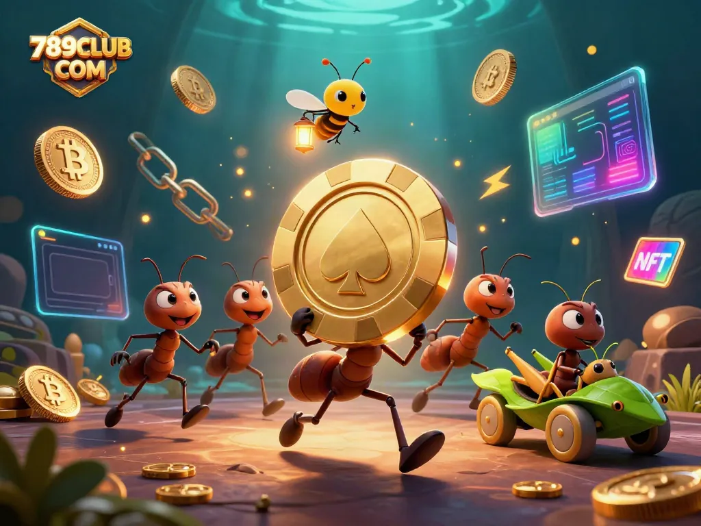 Transporting a giant poker chip, the ants embody the spirit of 789CLUB COM in this thrilling heist scene.