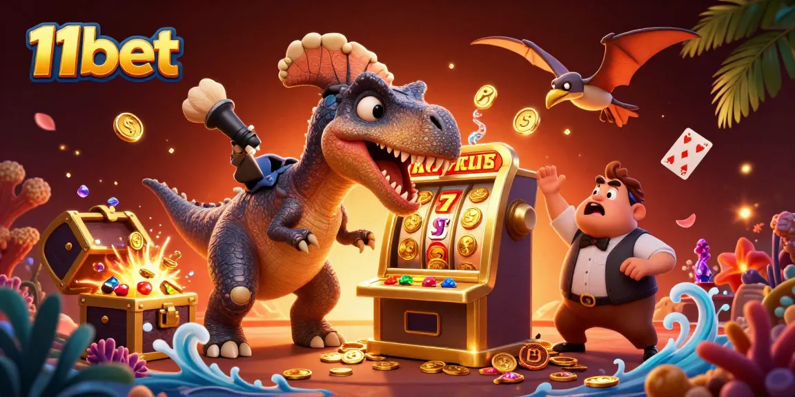 Experience the thrill of 11bet as a pachycephalosaurus hits a jackpot with coins flying