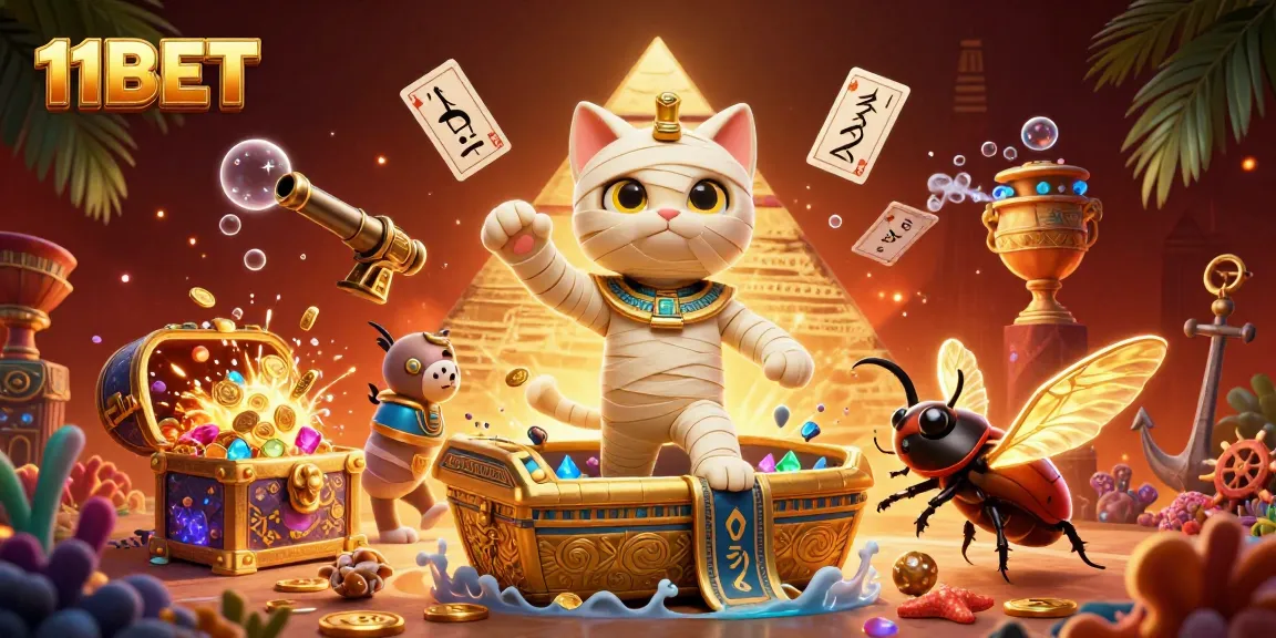 Experience thrilling gaming adventures with 11BET's vibrant pyramid casino scene featuring unique characters.