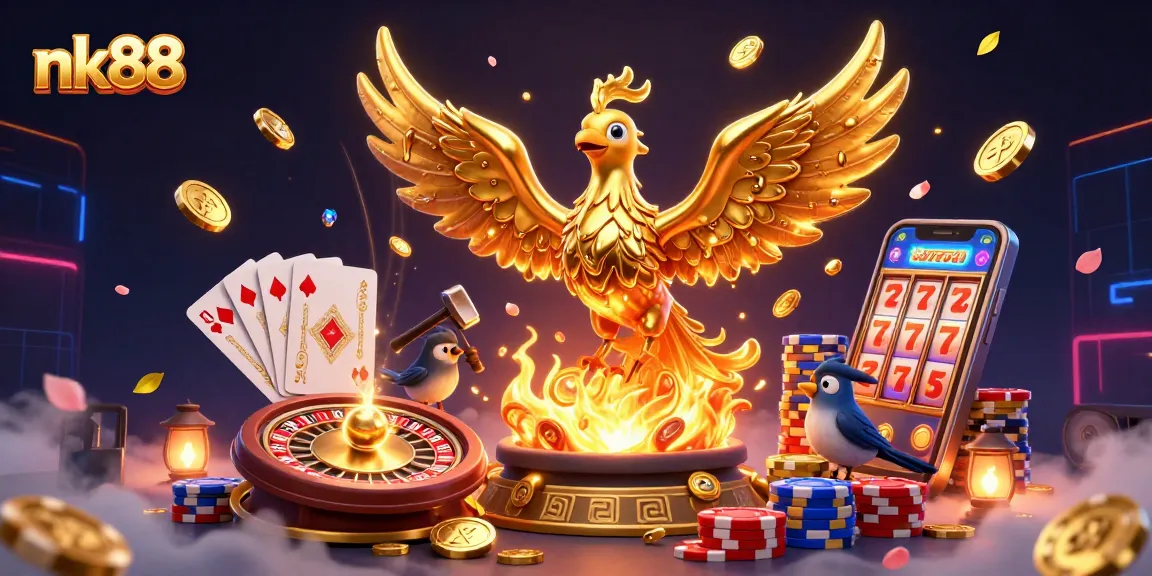 Experience the thrill of nk88 with a mystical phoenix and casino elements bursting with energy.