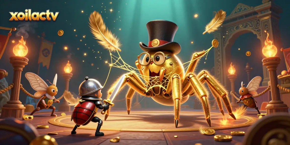 Watch xoilactv's vibrant 3D casino scene with golden tarantulas and beetle knights.