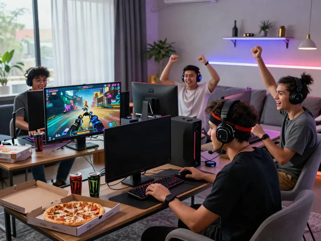 Friends engaged in an exciting gaming session, featuring rokok88 promotions on the screen.