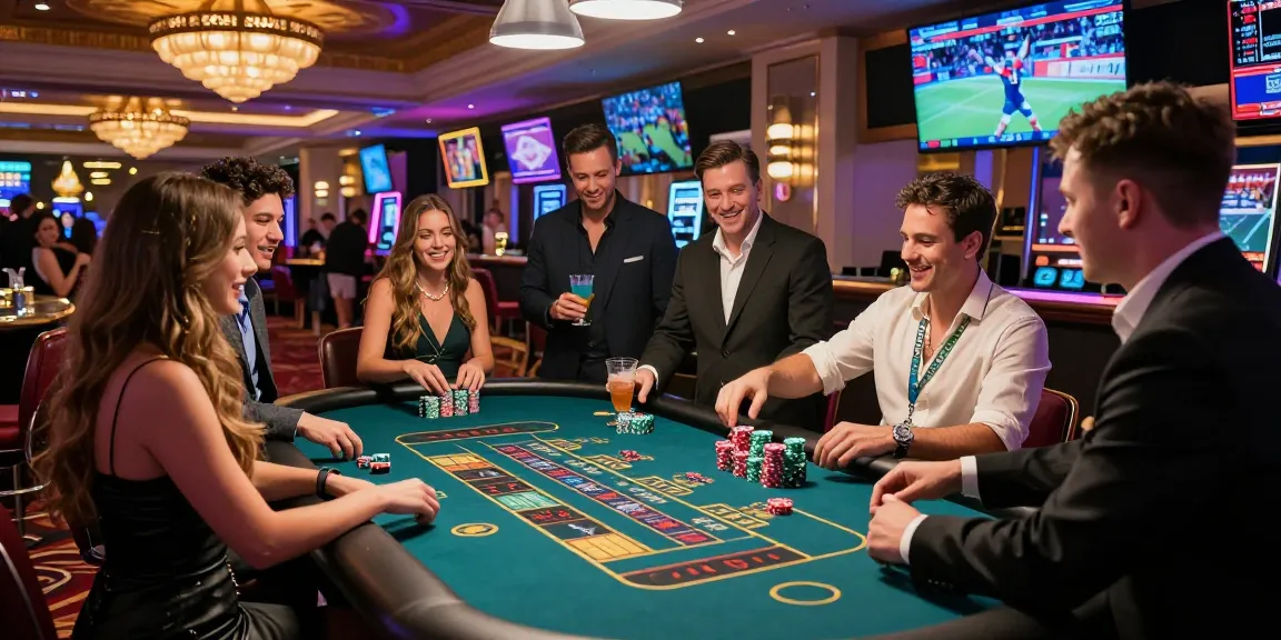 Casino PBN anchor text strategy in a vibrant casino setting with friends enjoying roulette.